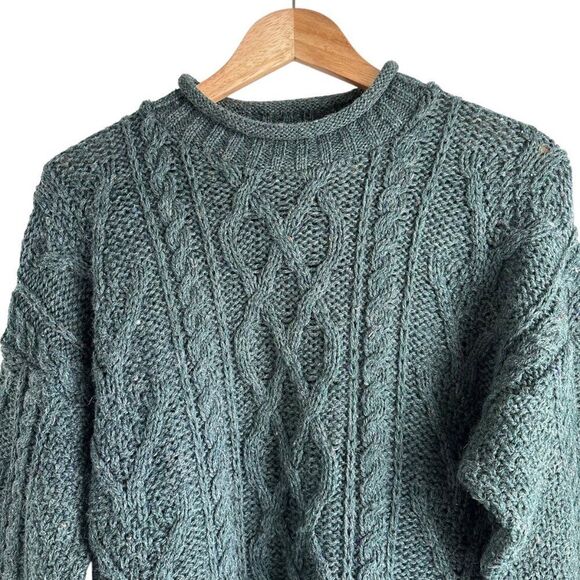 British Wool Forest Green Cable Knit Crewneck Sweater Size Small - Picture 3 of 6